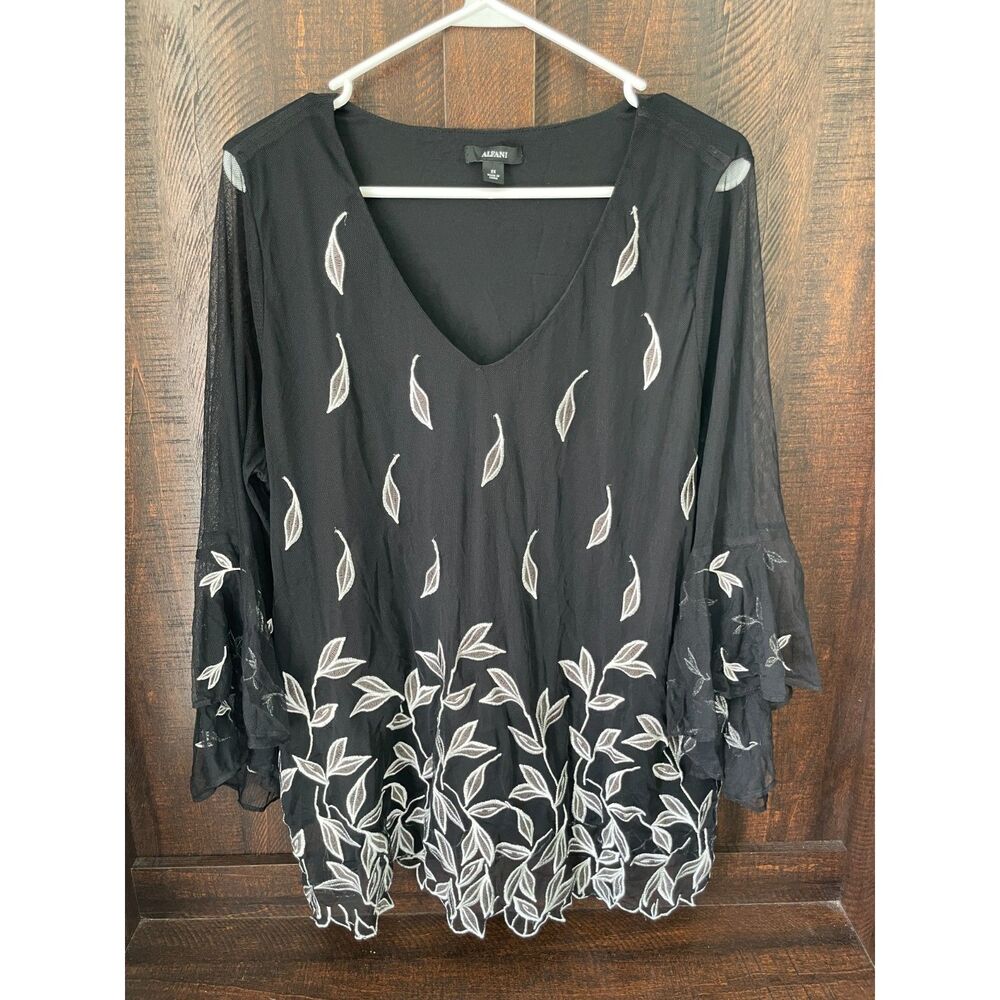 Alfani 2X Black Sheer Mesh Embroidered Leaf Tunic Blouse Bell Sleeve Plus Size